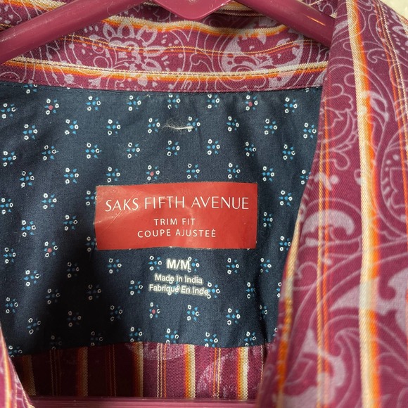 Saks Fifth Avenue Purple Long Sleeve Striped Paisley Trim Fit Shirt Mens Medium - Picture 3 of 6